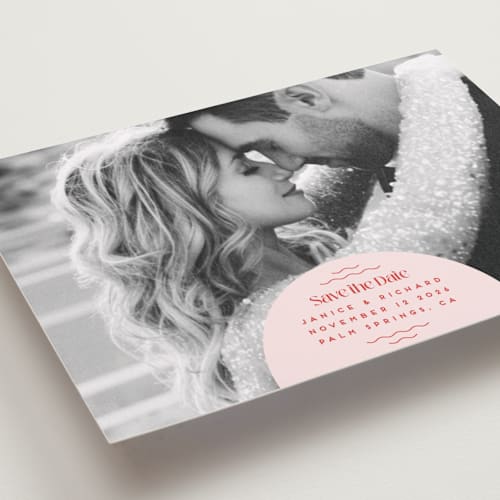 This is a strawberry petite save the dates with standard by Claudia Orengo called news! printing on recycled smooth signature in petite