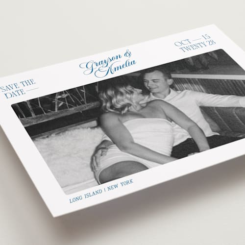 This is a lake petite save the dates with standard by Robert and Stella called opening credits printing on recycled smooth signature in petite