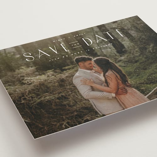 This is a quartz petite save the dates with standard by Kristie Kern called enchant printing on recycled smooth signature in petite