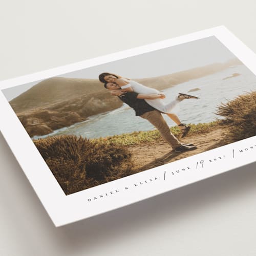 This is a blanc petite save the dates with standard by Faith Dorn called scripted date printing on recycled smooth signature in petite