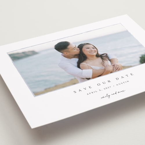 This is a shadow petite save the dates with standard by Kasia Labocki called border printing on recycled smooth signature in petite