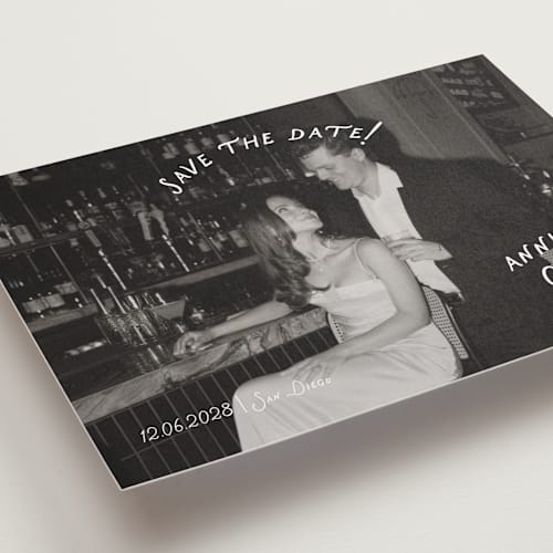 This is a ivory petite save the dates with standard by Stephanie Heinrich Godbout called lovers printing on recycled smooth signature in petite