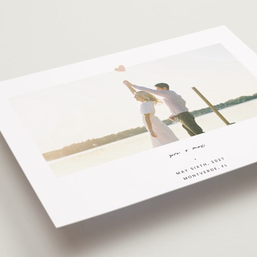 This is a camellia petite save the dates with standard by Blustery August called camellia printing on recycled smooth signature in petite