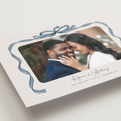 This is a blueberry petite save the dates with standard by Paper Sun Studio called tied together printing on recycled smooth signature in petite