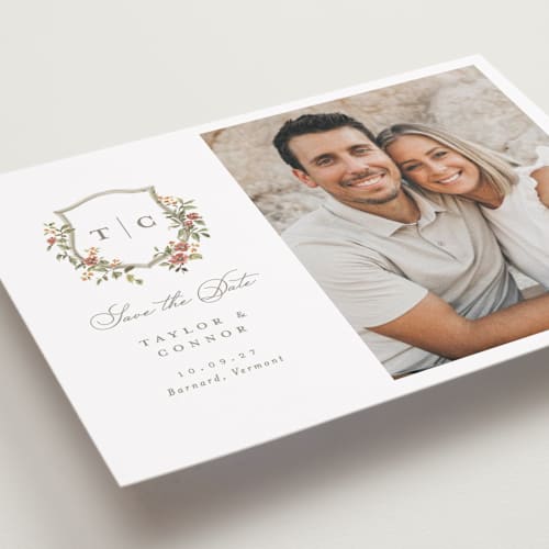 This is a mulberry petite save the dates with standard by Everett Paper Goods called foliage crest printing on recycled smooth signature in petite