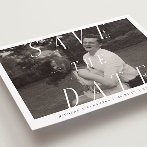 This is a ink petite save the dates with standard by Olivia Raufman called felicity printing on recycled smooth signature in petite