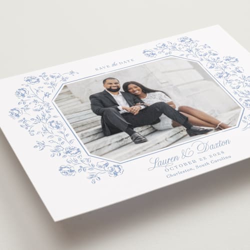 This is a sky petite save the dates with standard by Robert and Stella called framed florals printing on recycled smooth signature in petite