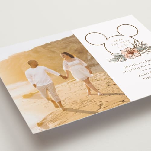 This is a earth petite save the dates with standard by Shiny Penny Studio called disney's mickey mouse tropical  frame printing on recycled smooth signature in petite