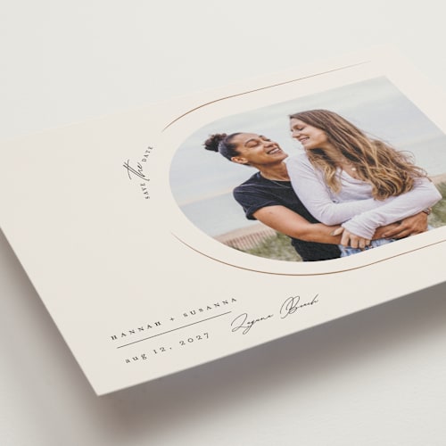 This is a champagne petite save the dates with standard by Benita Crandall called l'arch printing on recycled smooth signature in petite