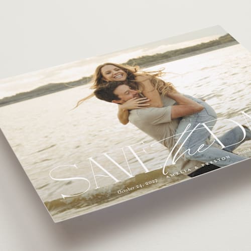 This is a sugar petite save the dates with standard by Jessica Williams called stacked class printing on recycled smooth signature in petite