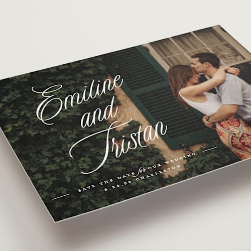 This is a cotton petite save the dates with standard by Susan Zinader called sentimental script printing on recycled smooth signature in petite