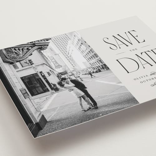 This is a dove petite save the dates with standard by Robert and Stella called pierre printing on recycled smooth signature in petite