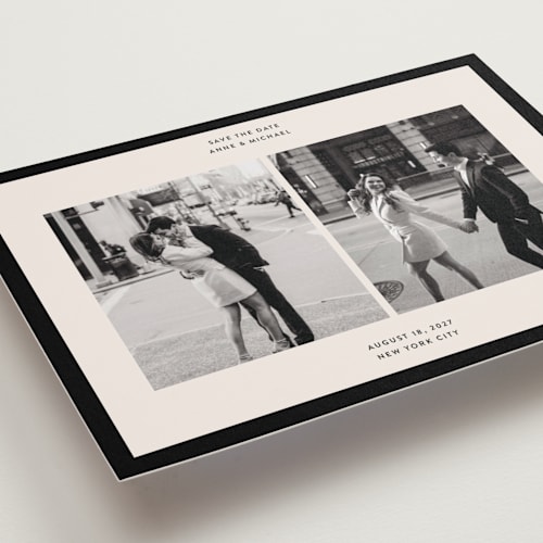 This is a tuxedo petite save the dates with standard by Inkblot Design called borough printing on recycled smooth signature in petite