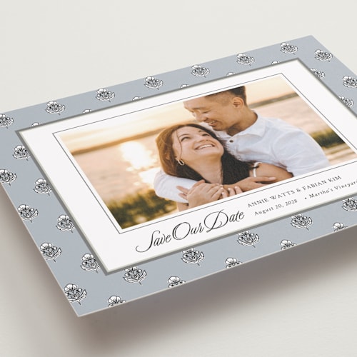 This is a classic petite save the dates with standard by Cindy Reynolds called sophisticated charm printing on recycled smooth signature in petite