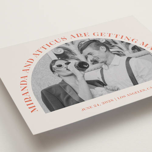 This is a persimmon petite save the dates with standard by Sarah Cohn called surrounding printing on recycled smooth signature in petite