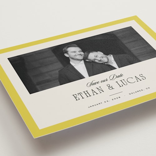 This is a citron petite save the dates with standard by Blustery August called mille-feuille printing on recycled smooth signature in petite