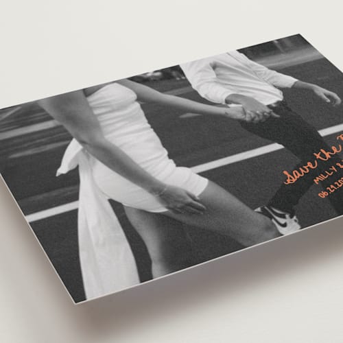 This is a tangerine petite save the dates with standard by Jelena Vuletic called imprint printing on recycled smooth signature in petite