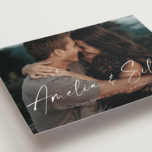 This is a marshmallow petite save the dates with standard by Lea Delaveris called because of you printing on recycled smooth signature in petite