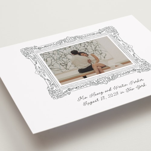 This is a diamond petite save the dates with standard by Jenna Holcomb called sketched frame printing on recycled smooth signature in petite