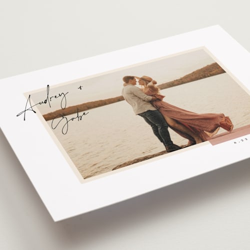 This is a clay petite save the dates with standard by Morgan Kendall called sentimentalist printing on recycled smooth signature in petite