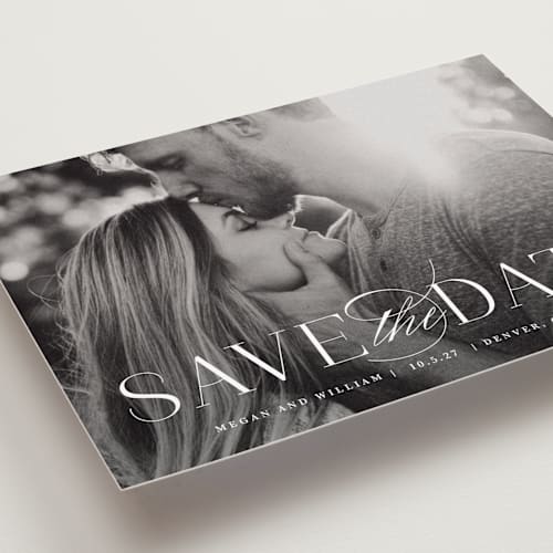 This is a cotton petite save the dates with standard by Lauren Chism called ultimate printing on recycled smooth signature in petite
