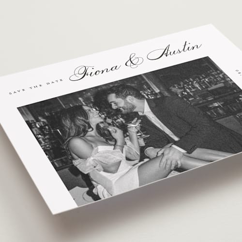 This is a onyx petite save the dates with standard by Michelle Taylor called lovely day printing on recycled smooth signature in petite