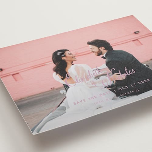 This is a lilac dreams petite save the dates with standard by Design Lotus called lavender dreams printing on recycled smooth signature in petite