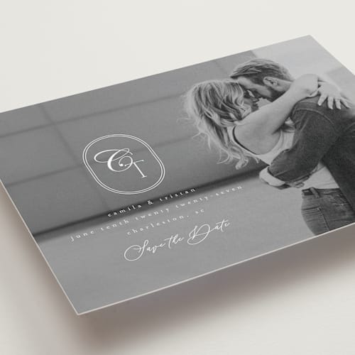 This is a opal petite save the dates with standard by Kristie Kern called gem printing on recycled smooth signature in petite