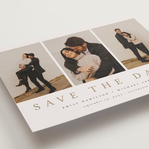This is a sand petite save the dates with standard by Nicole Walsh called elegant trio printing on recycled smooth signature in petite