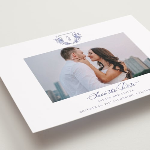 This is a dusty blue petite save the dates with standard by Cass Loh called watercolor flowers crest printing on recycled smooth signature in petite