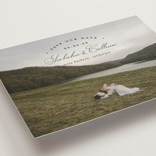 This is a onyx petite save the dates with standard by Erica Krystek called arched type printing on recycled smooth signature in petite