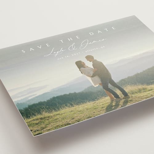 This is a lace petite save the dates with standard by Kaydi Bishop called aloft printing on recycled smooth signature in petite