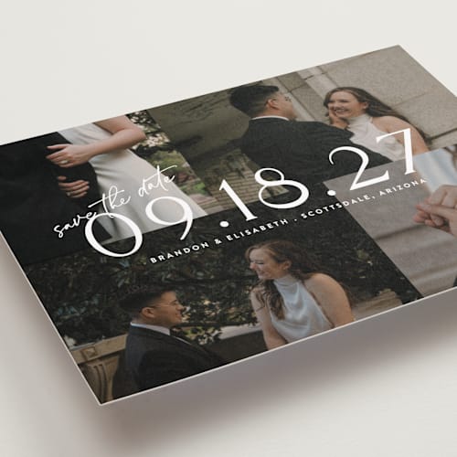 This is a opal petite save the dates with standard by Cat Caudillo called love snaps printing on recycled smooth signature in petite