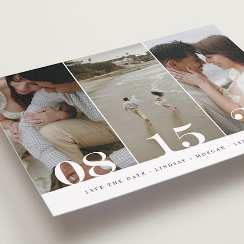 This is a noir petite save the dates with standard by Kimberly FitzSimons called trio printing on recycled smooth signature in petite