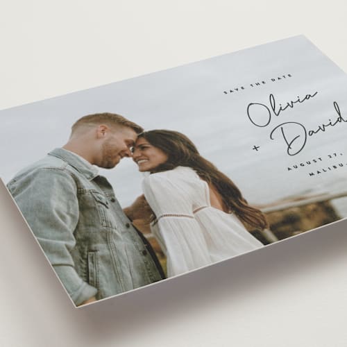 This is a noir petite save the dates with standard by JoAnn Jinks called signed printing on recycled smooth signature in petite