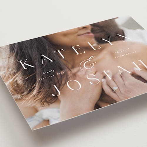 This is a veil petite save the dates with standard by Brandy Folse called typographic overlay printing on recycled smooth signature in petite