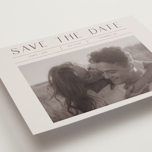 This is a mist petite save the dates with standard by Christy Hy Lee called you and me printing on recycled smooth signature in petite