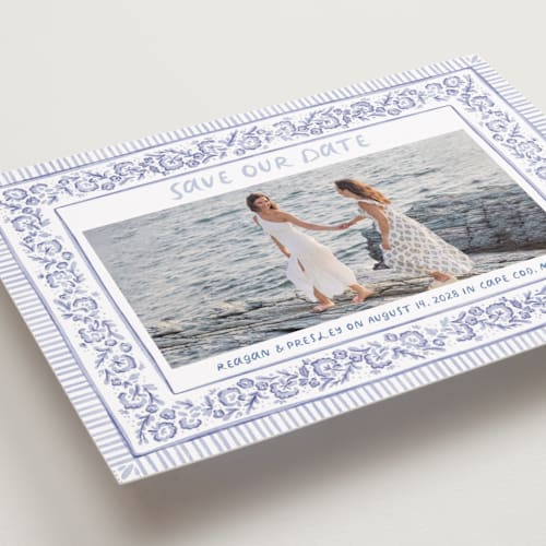 This is a cerulean petite save the dates with standard by Jenna Holcomb called provincial printing on recycled smooth signature in petite