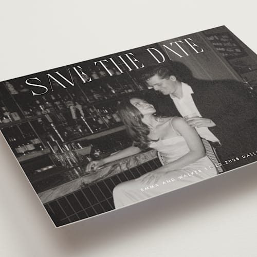This is a snow petite save the dates with standard by Maja Cunningham called classic timeless printing on recycled smooth signature in petite