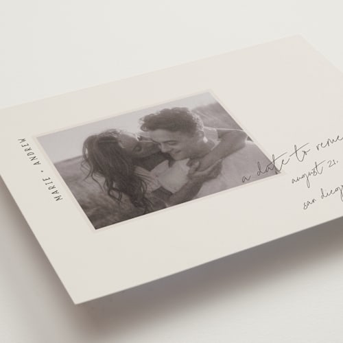 This is a truffle petite save the dates with standard by Vera Lim called offset printing on recycled smooth signature in petite