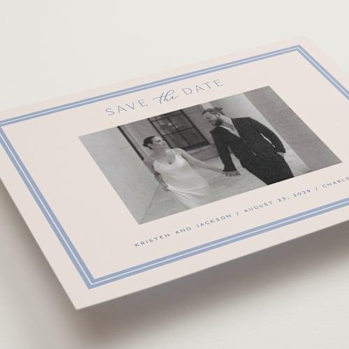 This is a periwinkle petite save the dates with standard by Hooray Creative called twin border printing on recycled smooth signature in petite