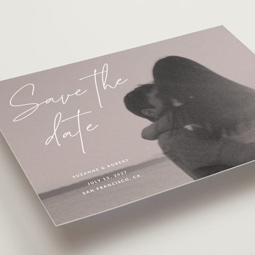 This is a rose petite save the dates with standard by Sumak Studio called blush printing on recycled smooth signature in petite