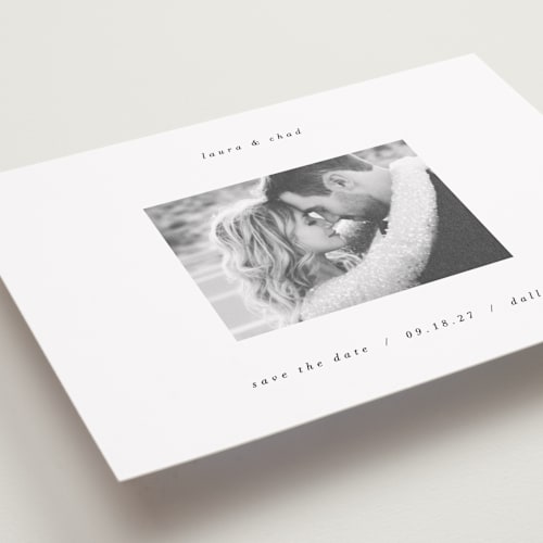 This is a snow petite save the dates with standard by AK Graphics called understated elegance printing on recycled smooth signature in petite