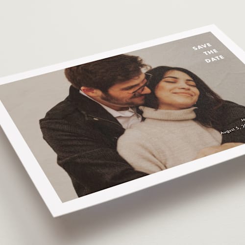 This is a cotton petite save the dates with standard by Stacey Meacham called minimalist border printing on recycled smooth signature in petite