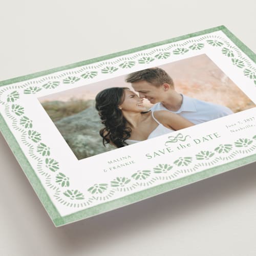 This is a meadow petite save the dates with standard by Melanie Kosuge called charming printing on recycled smooth signature in petite