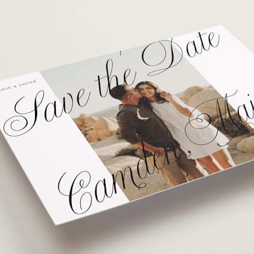 This is a snow petite save the dates with standard by Katharine Watson called bold script frame printing on recycled smooth signature in petite