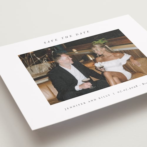 This is a chantilly petite save the dates with standard by Pippa Shaw called espresso printing on recycled smooth signature in petite