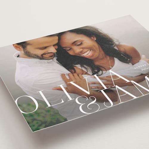 This is a pearl petite save the dates with standard by Lauren Chism called this couple printing on recycled smooth signature in petite