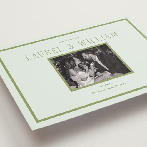 This is a forest petite save the dates with standard by Sara Hicks Malone called dewberry printing on recycled smooth signature in petite