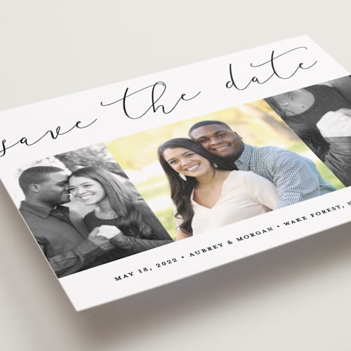 This is a cloud petite save the dates with standard by Stacey Meacham called etched in love printing on recycled smooth signature in petite
